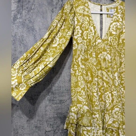 Anthropologie long sleeve v neck cotton dress olive tones green dress yellow - Picture 15 of 16